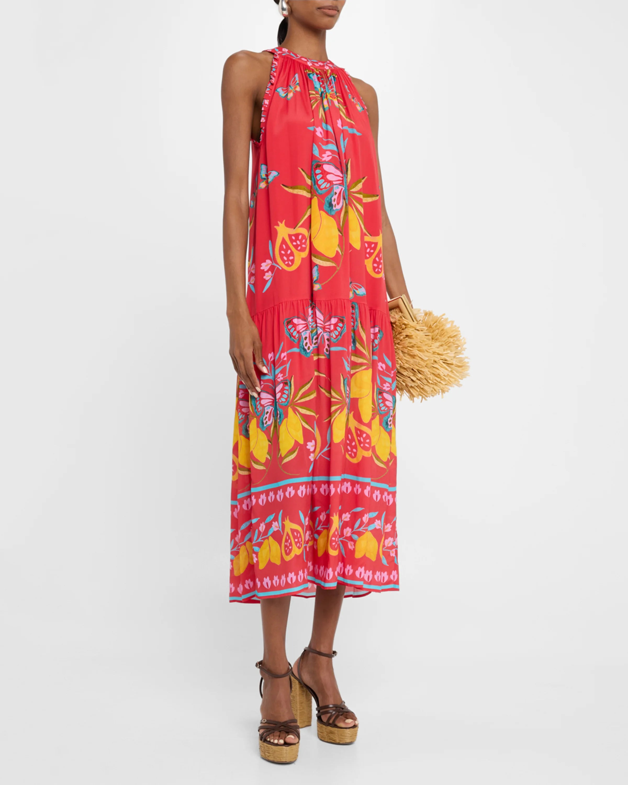 Red Fruit - Floral Printed Halter Sleeveless Maxi Dress