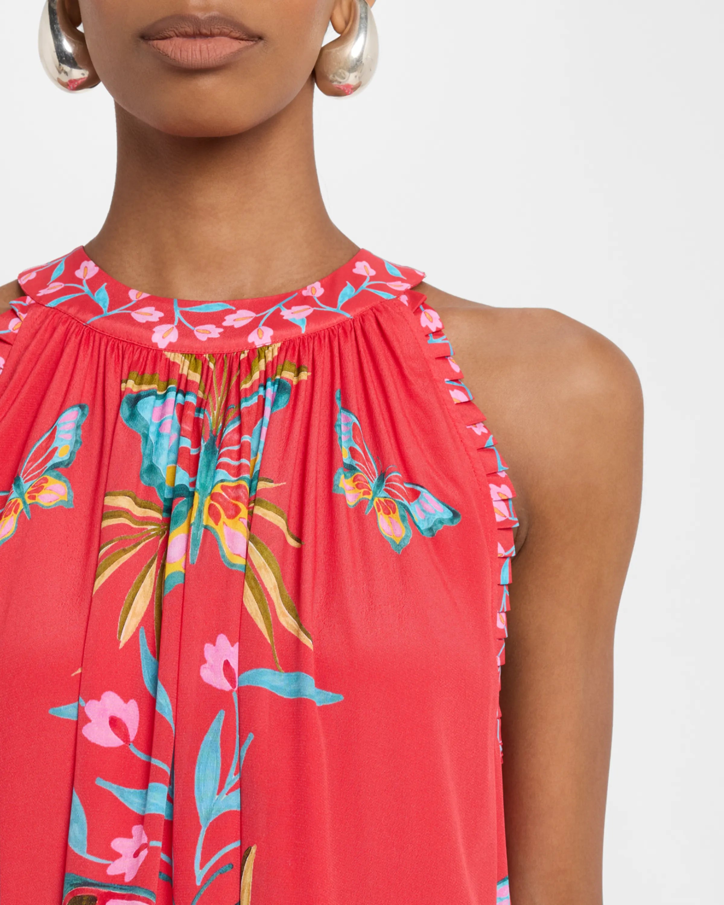 Red Fruit - Floral Printed Halter Sleeveless Maxi Dress