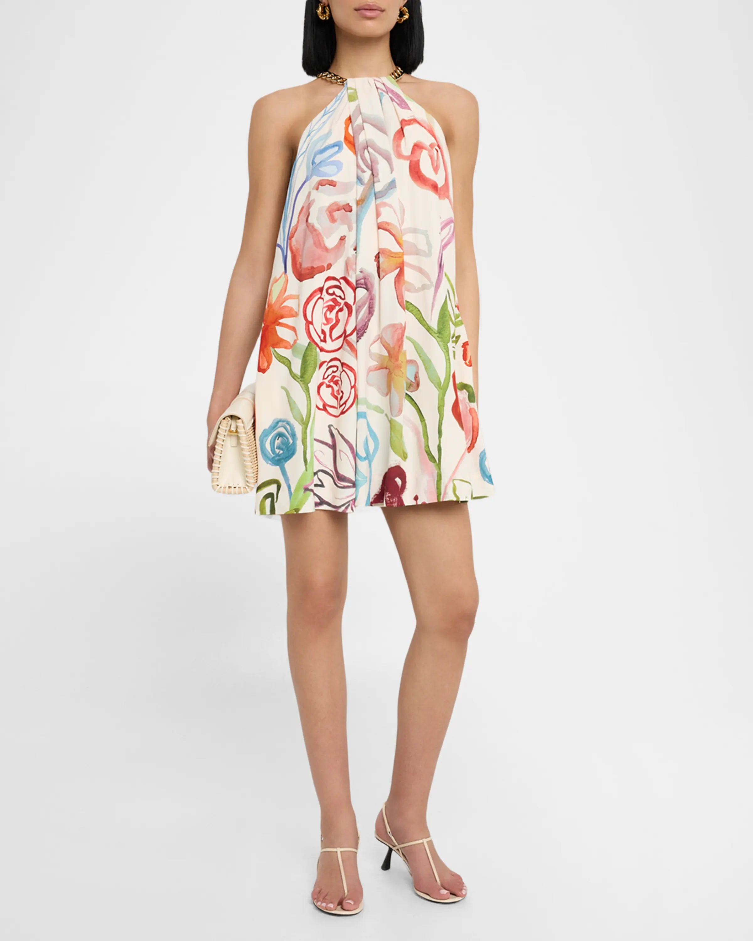 Watercolor Floral - Printed Halter Sleeveless Mini Dress