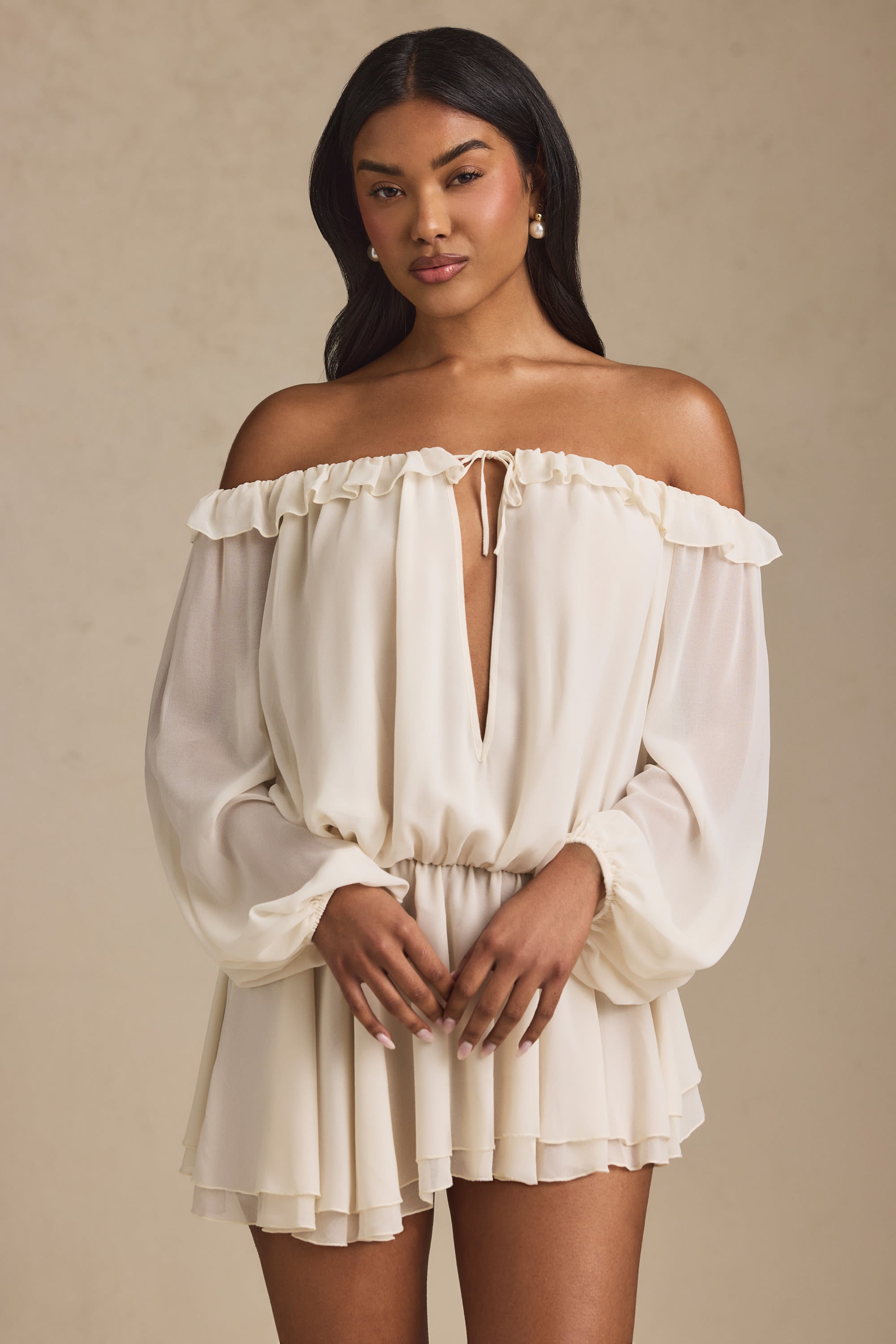 French - Style Romantic Off - Shoulder Chiffon Romper Dress