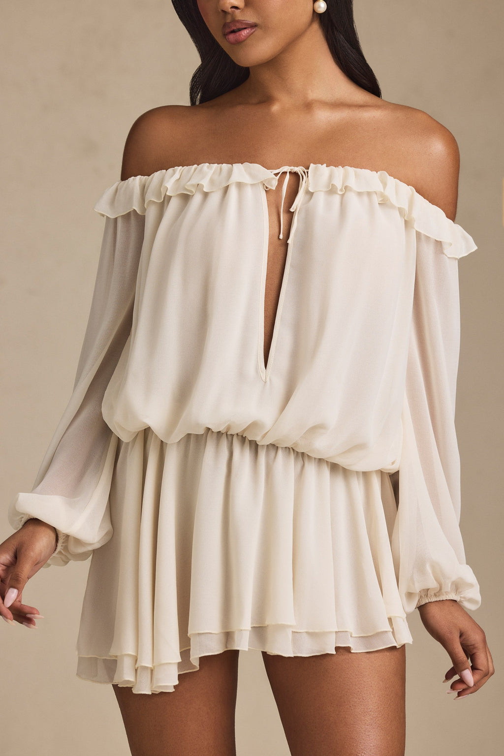 French - Style Romantic Off - Shoulder Chiffon Romper Dress