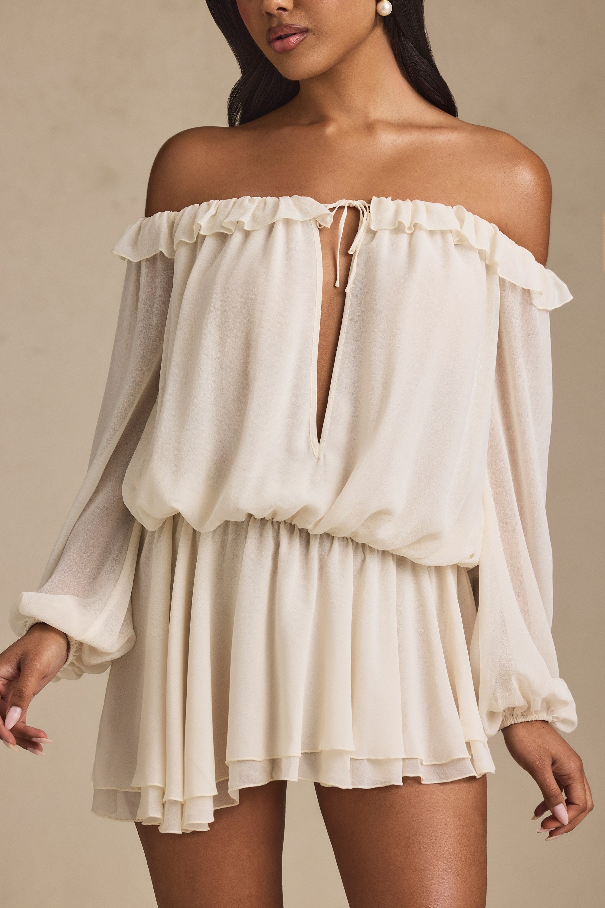French - Style Romantic Off - Shoulder Chiffon Romper Dress