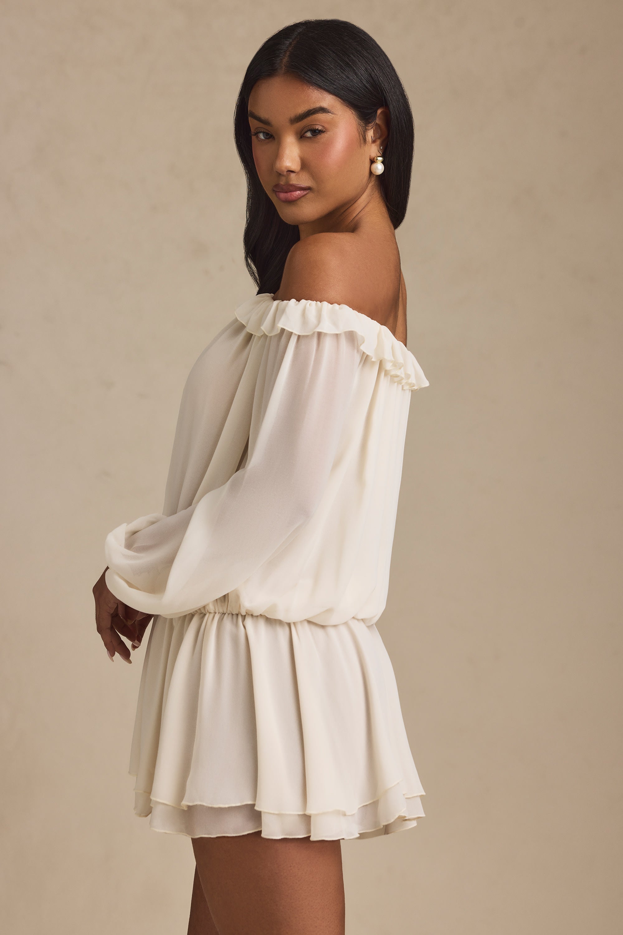 French - Style Romantic Off - Shoulder Chiffon Romper Dress