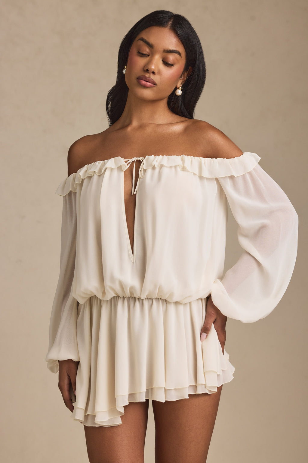French - Style Romantic Off - Shoulder Chiffon Romper Dress