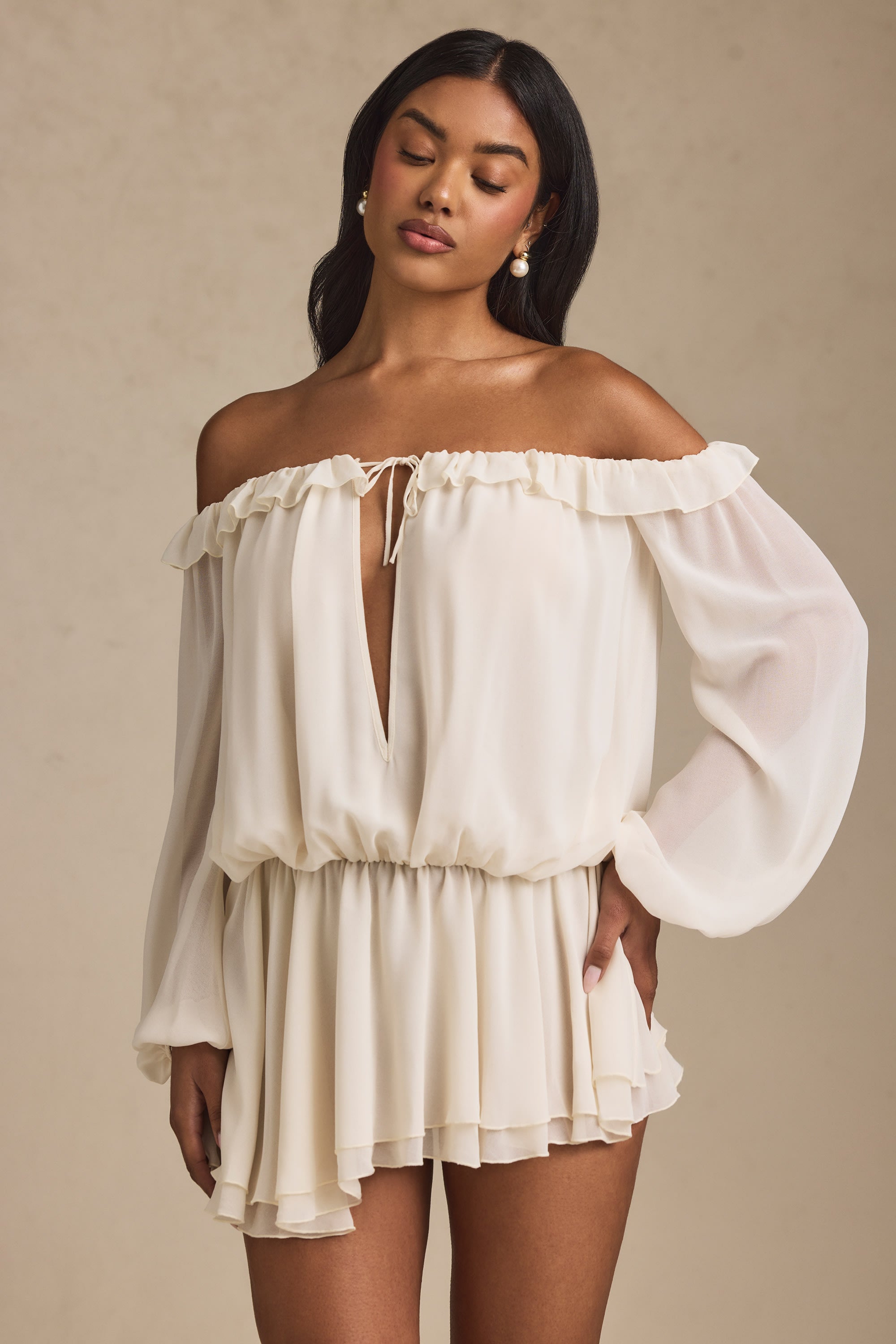 French - Style Romantic Off - Shoulder Chiffon Romper Dress