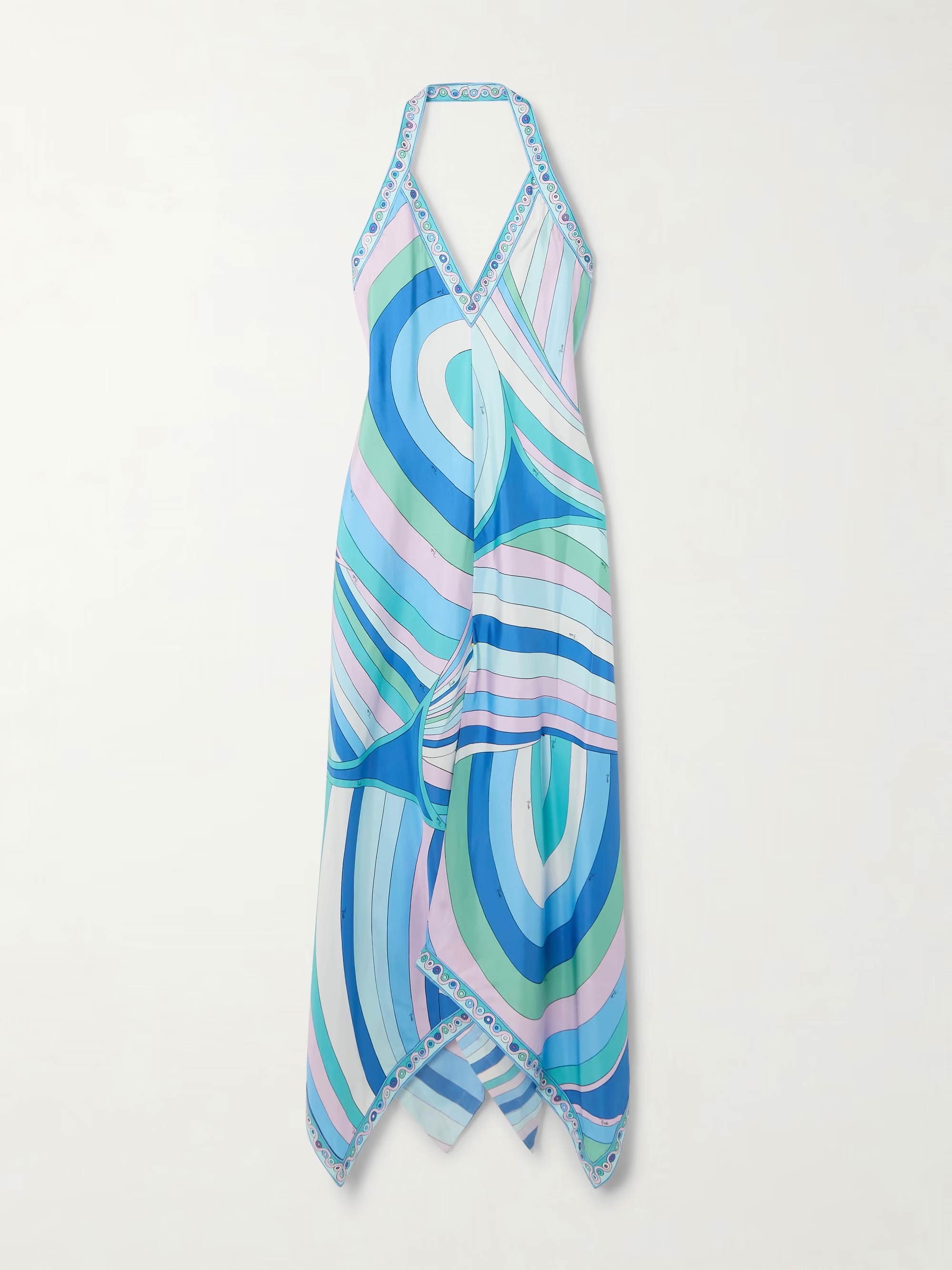 Blue - Pink - Green Color - Block Print Halter Neck Asymmetric Maxi Dress